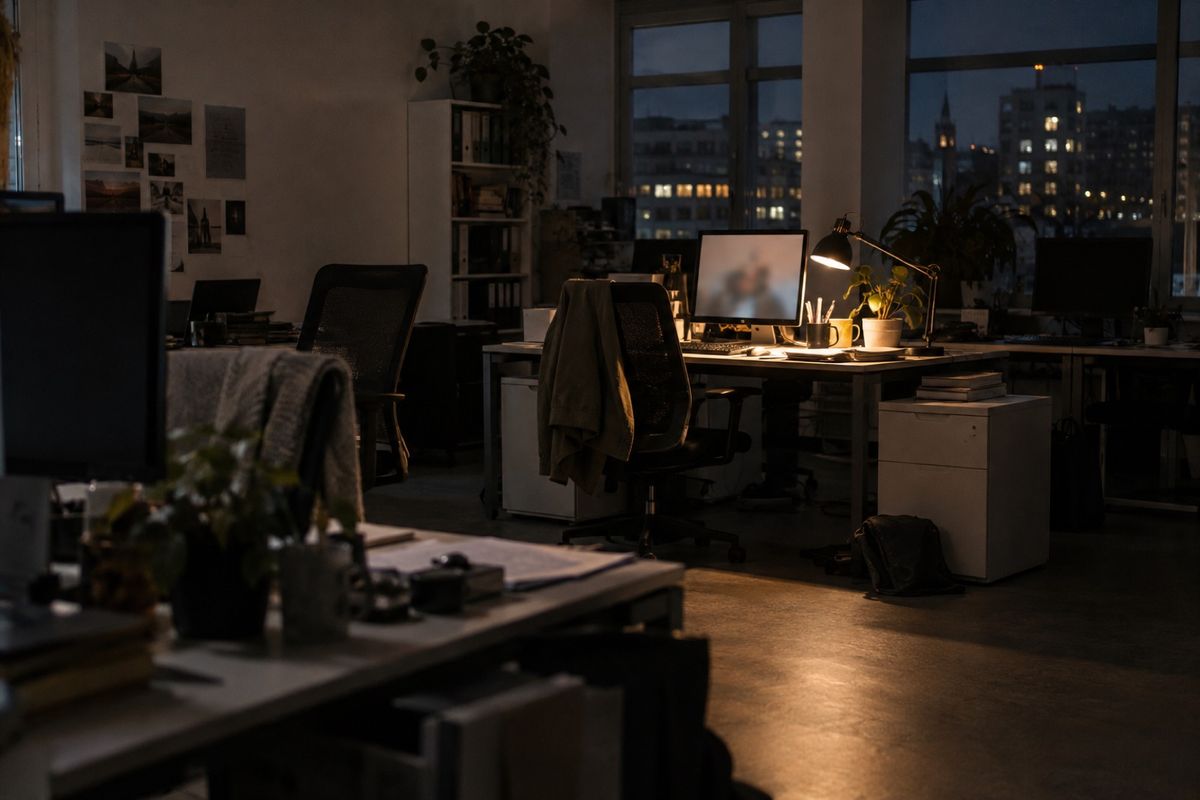 Großraumbüro am Abend: Die Schreibtische sind verlassen, nur an einem Platz brennt noch eine Schreibtischlampe neben dem Bildschirm. Durch die Fenster sieht man die erleuchteten Häuser der Stadt.