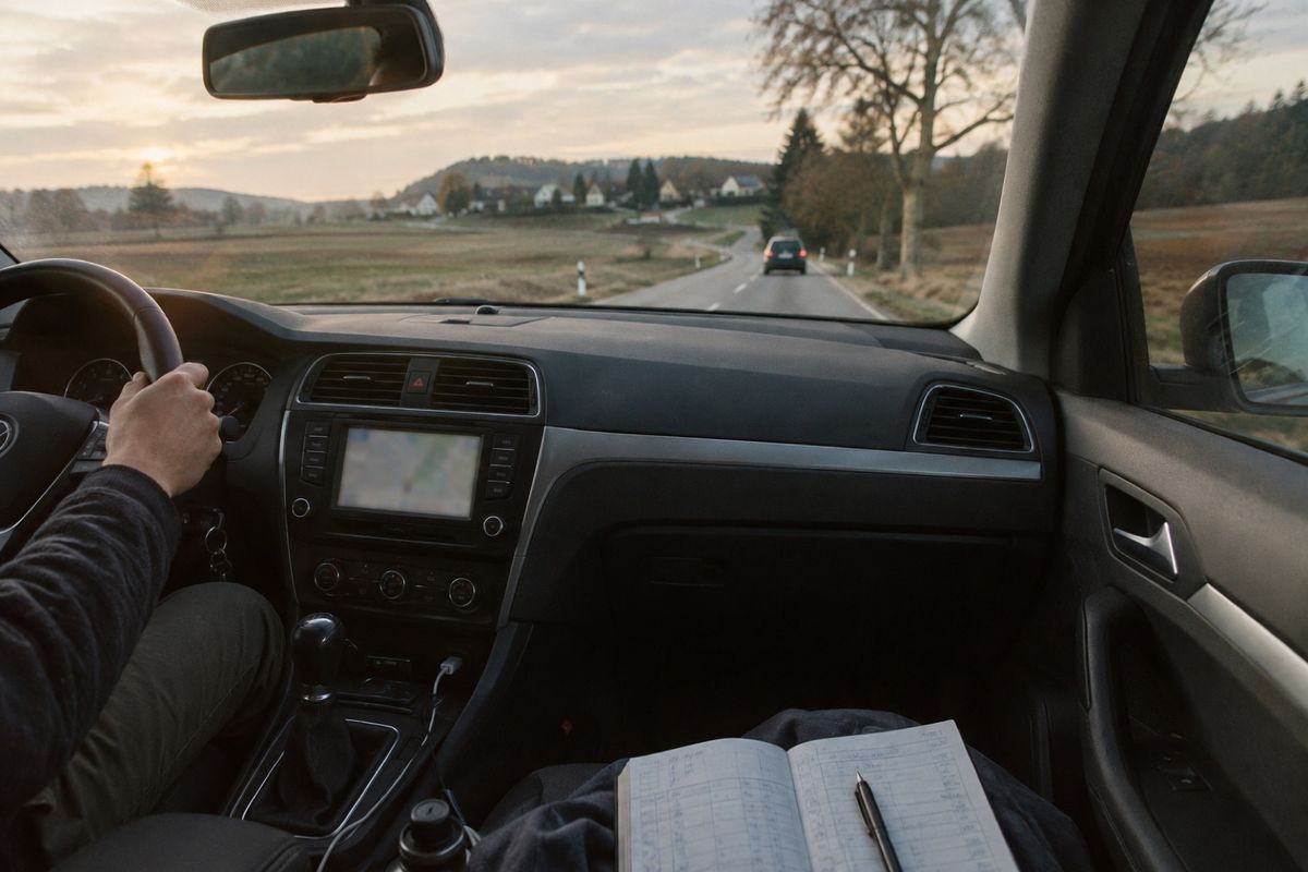 Blick aus dem Auto auf eine Landstraße am Abend: Eine Hand liegt am Lenkrad, auf dem Beifahrersitz liegt ein aufgeschlagenes Fahrtenbuch mit Kugelschreiber.