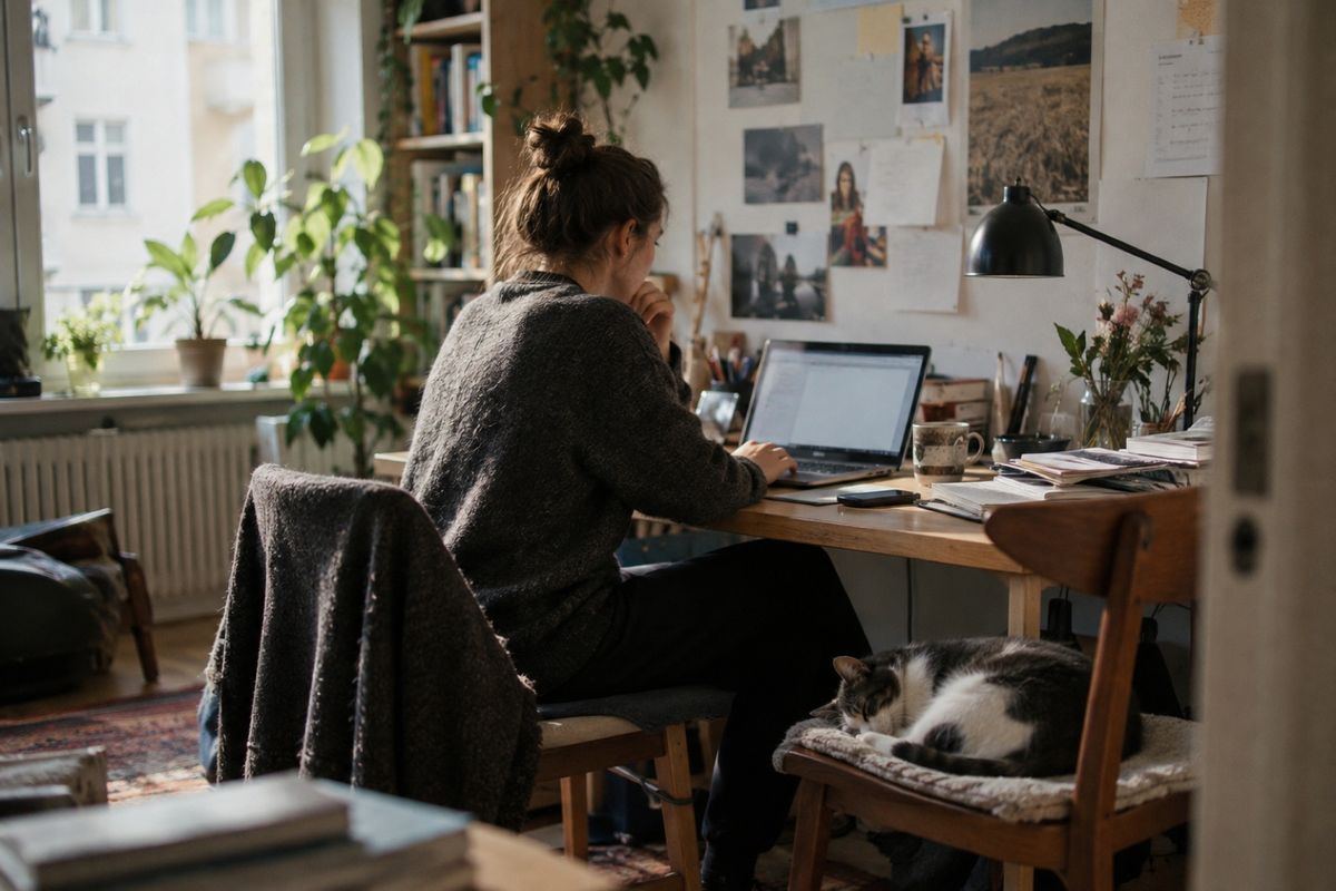 Eine Frau arbeitet in einem hellen Heimbüro am Laptop. Auf dem Stuhl neben ihr schläft eine schwarz-weiße Katze, an der Wand hängen Fotos und Notizen, am Fenster stehen Pflanzen.