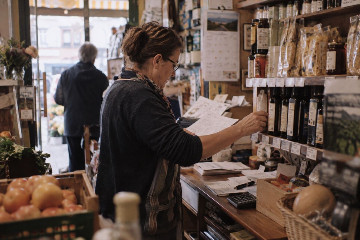 Eine Frau mit Brille steht in einem kleinen Feinkostladen hinter der Theke, hält eine Liste in der Hand und prüft die Preisschilder an einem Regal mit Ölflaschen. Auf der Theke liegen ein Taschenrechner und Belege.