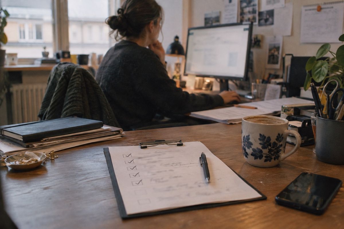 Auf einem Holztisch liegt ein Klemmbrett mit einer Checkliste, deren erste Punkte abgehakt sind, daneben ein Kugelschreiber, eine Tasse und ein Smartphone. Im Hintergrund arbeitet eine Frau am Bildschirm.