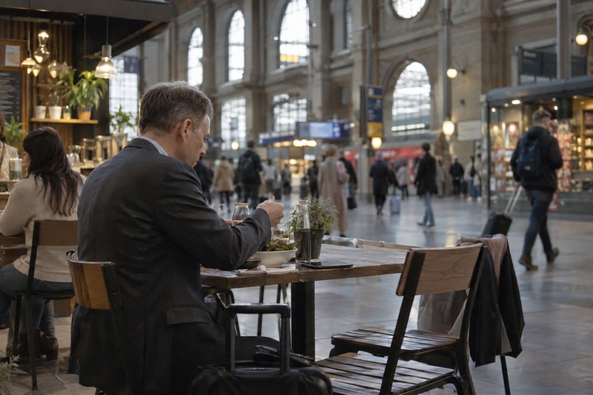 Ein Mann im Sakko isst an einem Tisch in einer Bahnhofshalle zu Mittag, neben ihm steht ein Rollkoffer. Im Hintergrund gehen Reisende an Geschäften und hohen Bogenfenstern vorbei.