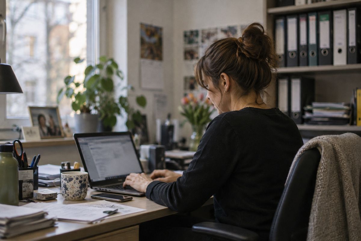 Eine Frau schreibt an ihrem Schreibtisch am Laptop. Hinter ihr stehen Aktenordner im Regal, auf dem Tisch liegen Unterlagen, daneben steht eine Tasse.